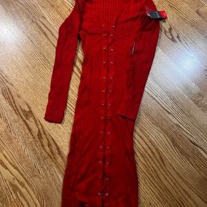 BOLD elements cut to curve Red Long Sleeve Lace-Up Dress